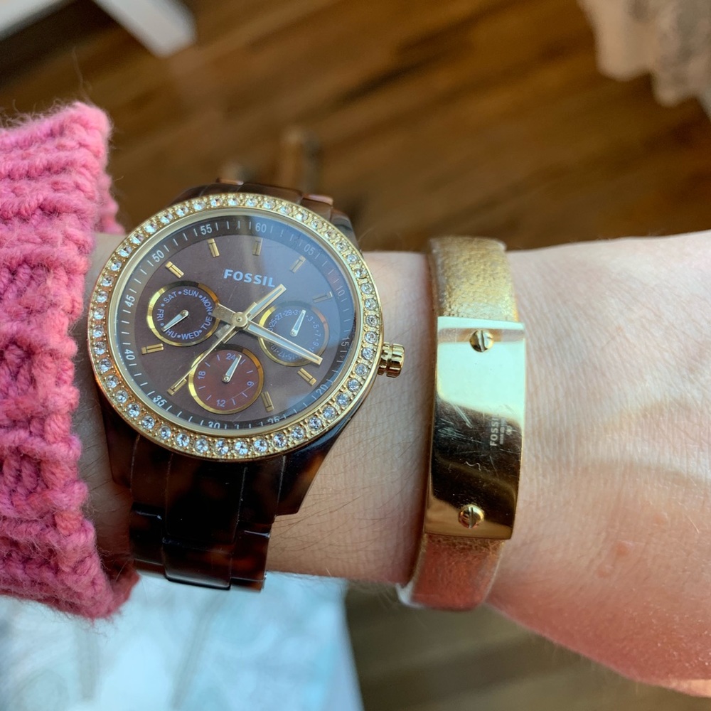 Fossil Gold Leather Name Plate Bracelet